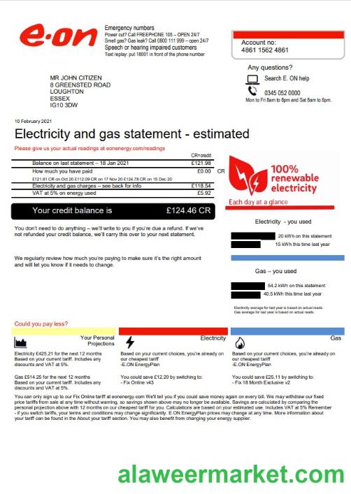 United Kingdom E.ON utility bill template in Word and PDF format, version 3-2